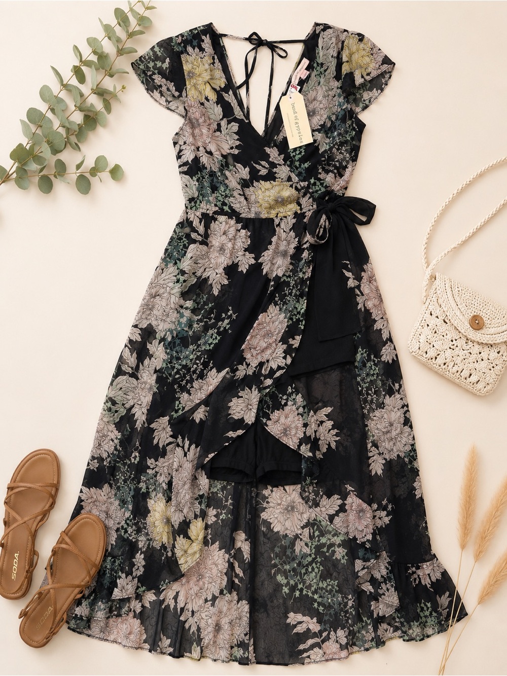 NWT Band of Gypsies Black Floral Wrap Maxi Dress Size Large Boho Hi-Low